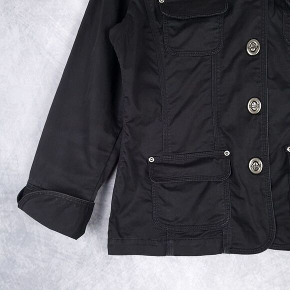 Chicos Field Coat Womens 1 Small Black Metal Twist Closure Flip Cuff Utility - Picture 4 of 16